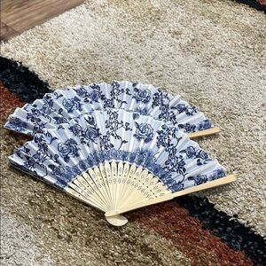 2 Blue and White Floral Hand Fans Church Fans NWOT Summer Events Wedding More